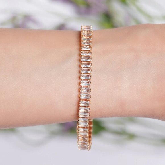 New Simulated Diamond Baguette Tennis 18K Simulated Diamond Rose Gold Bracelet - Picture 2 of 4